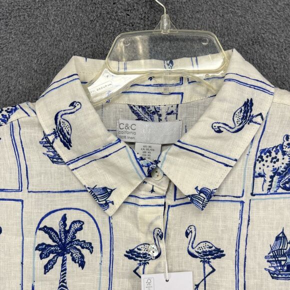 C&C California Top Womens XL 100% Linen Button Up Shirt Brach tropical cruise - Picture 2 of 16
